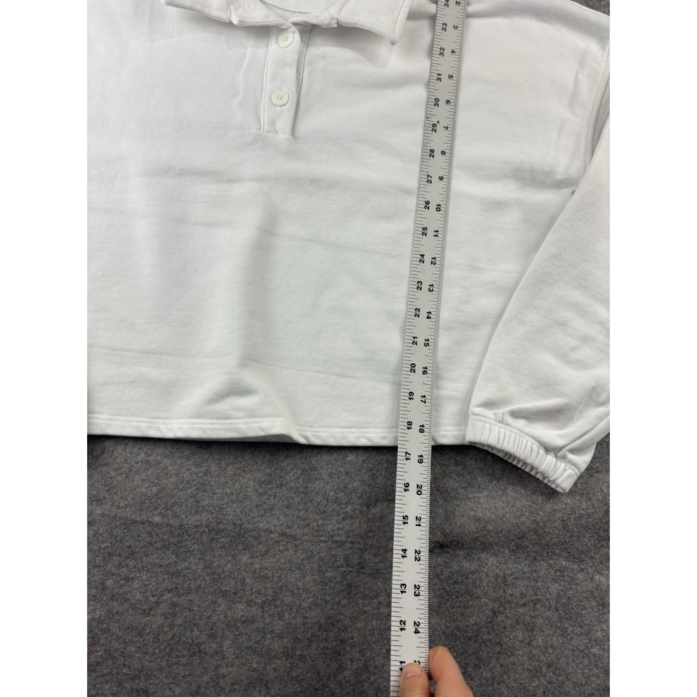 Peloton Women's M Henley Button Polo Sweatshirt $68 Gingham White Purple Cropped - Picture 6 of 8